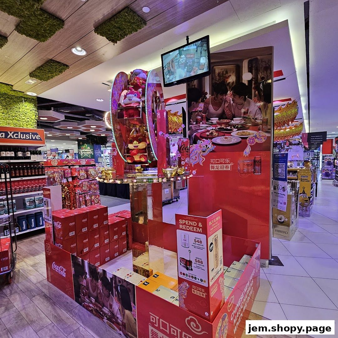 A festive Chinese New Year display with Coca-Cola products and plush toys.