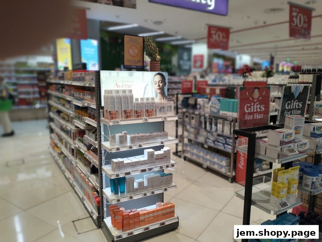 Interior view of a FairPrice Xtra store showcasing skincare and gift items.