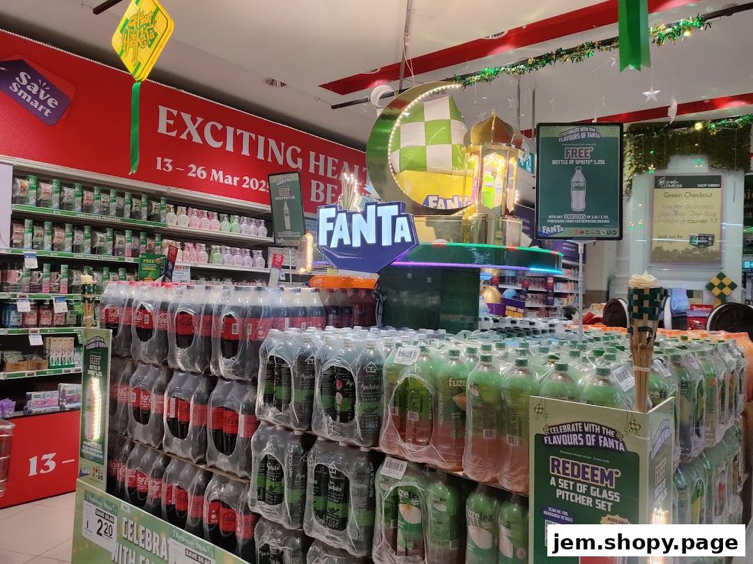 A display of Fanta and other beverages with promotional signage in a supermarket.