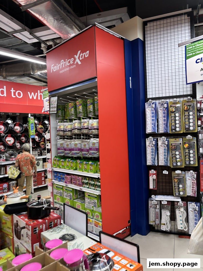Interior view of FairPrice Xtra showing shelves stocked with various products and a customer browsing.