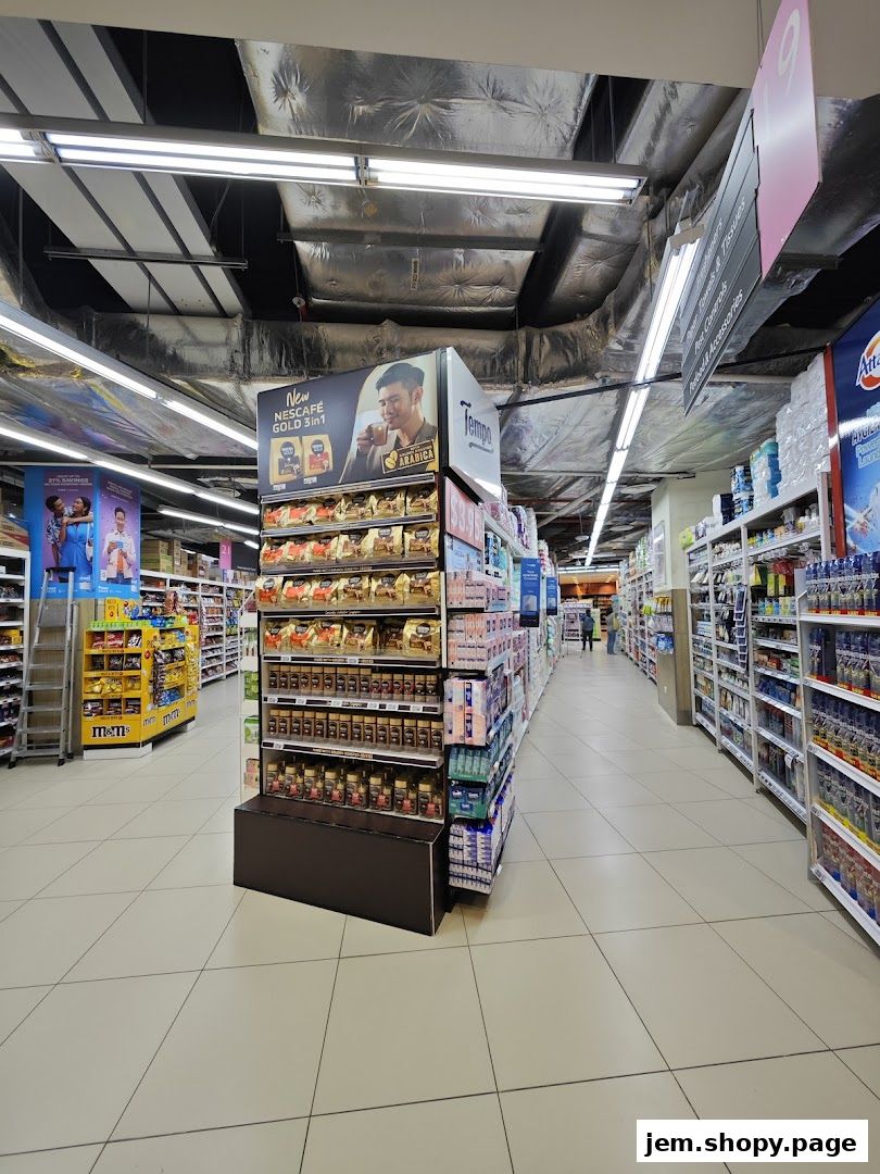 Aisle view of a FairPrice Xtra supermarket with shelves stocked with various products.