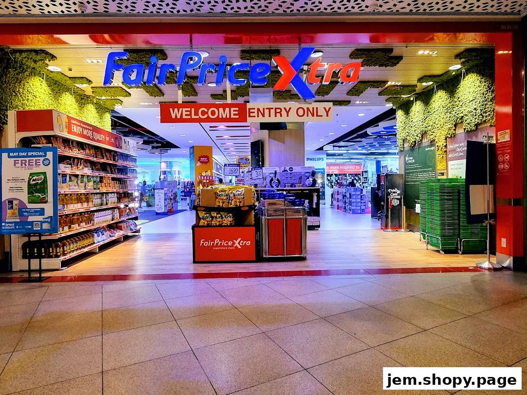 Entrance to FairPrice Xtra supermarket with shelves of products and promotional displays.