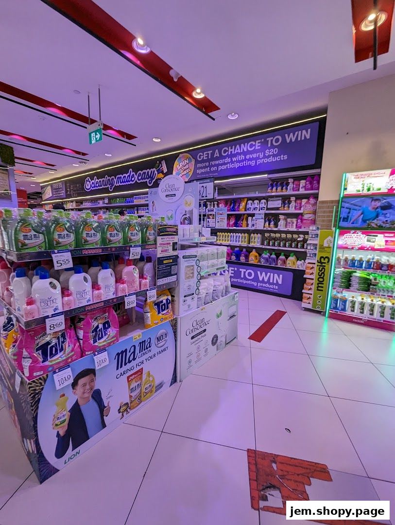 Interior view of a FairPrice Xtra supermarket aisle with cleaning products and promotional displays.