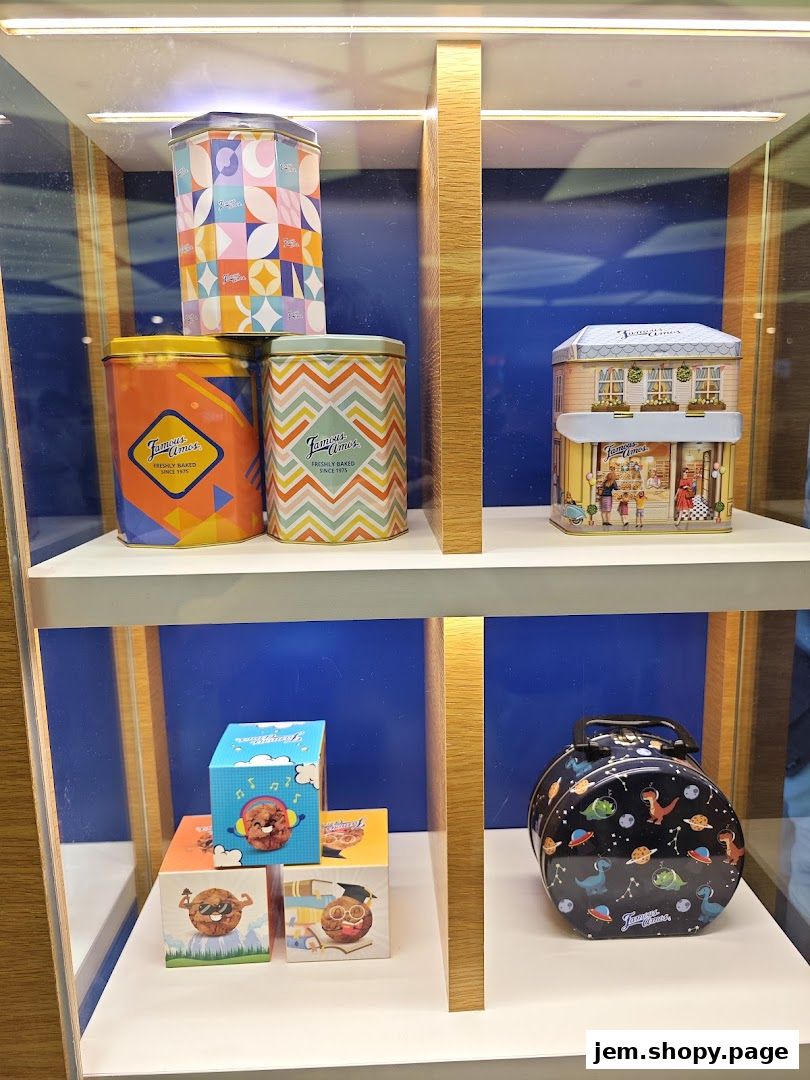 Display case showcasing various decorative tins and boxes from Famous Amos.