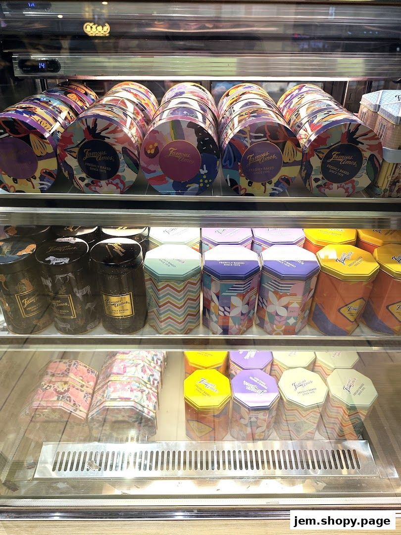 A display case filled with colorful tins of Famous Amos cookies.