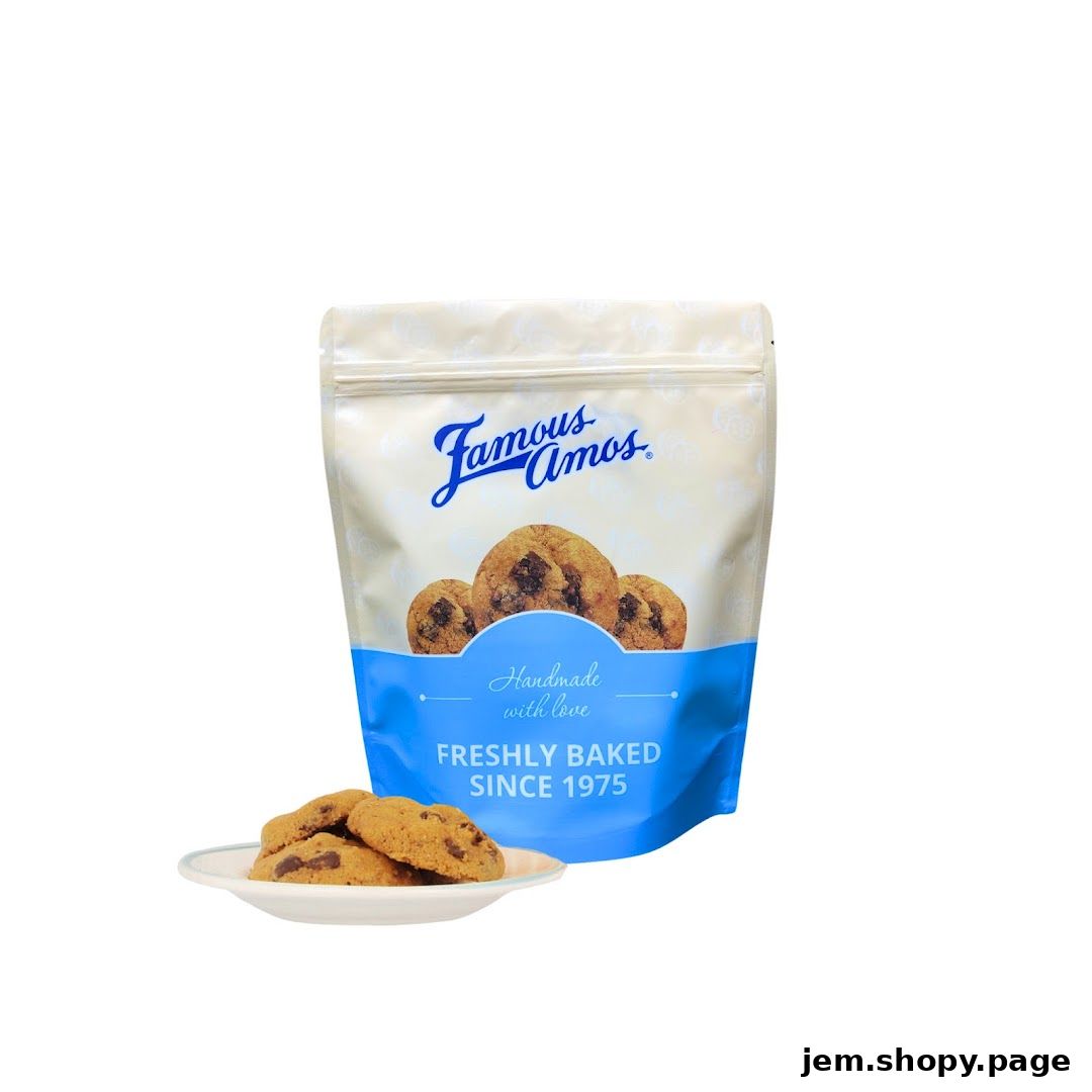 A bag of Famous Amos chocolate chip cookies with a small plate of cookies.