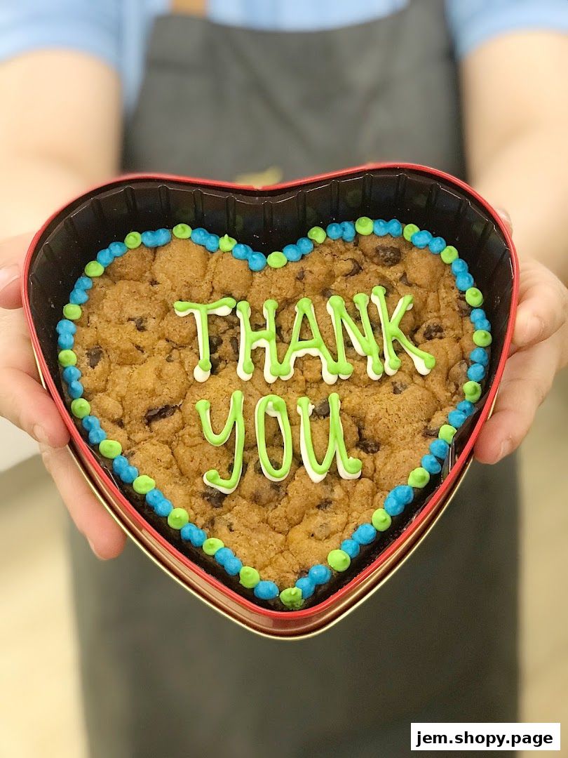 A heart-shaped cookie with 'THANK YOU' written in icing, held by two hands.