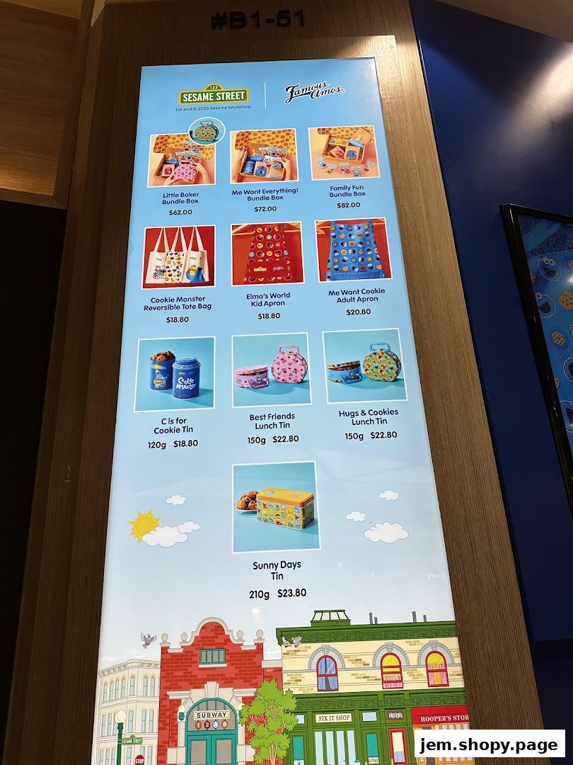 A display board showcasing Famous Amos cookies and Sesame Street themed merchandise.