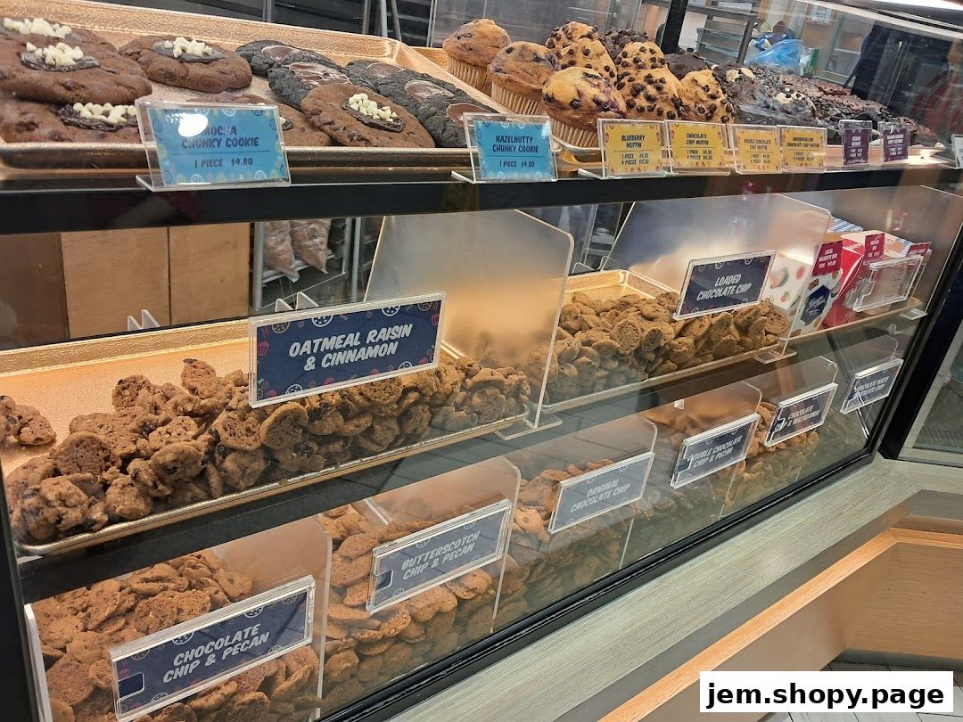 A display case filled with various cookies and muffins from Famous Amos.