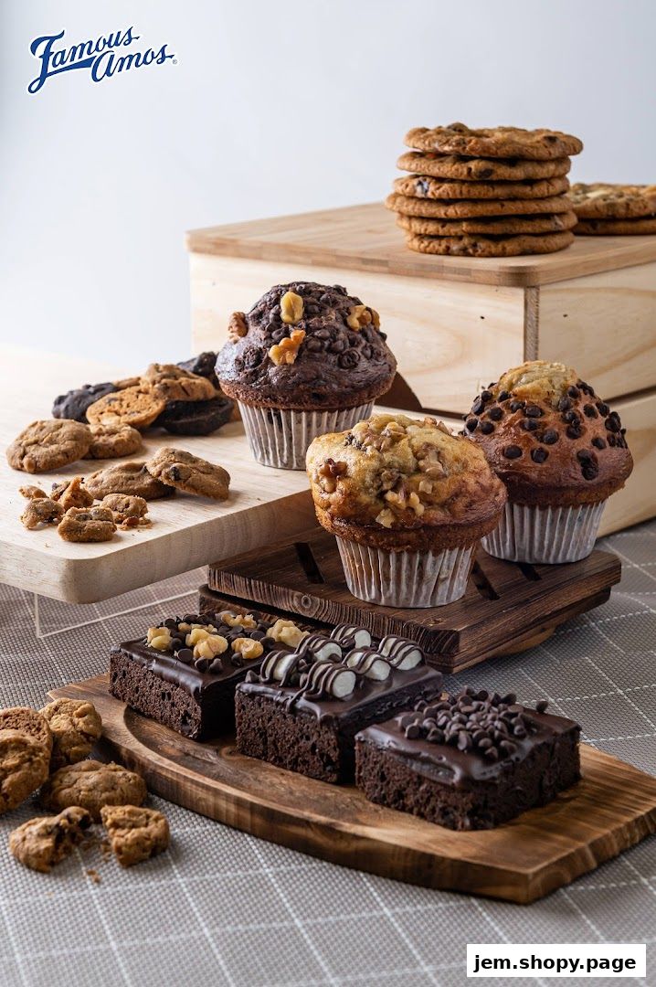 A delightful assortment of Famous Amos cookies, muffins, and brownies arranged attractively.
