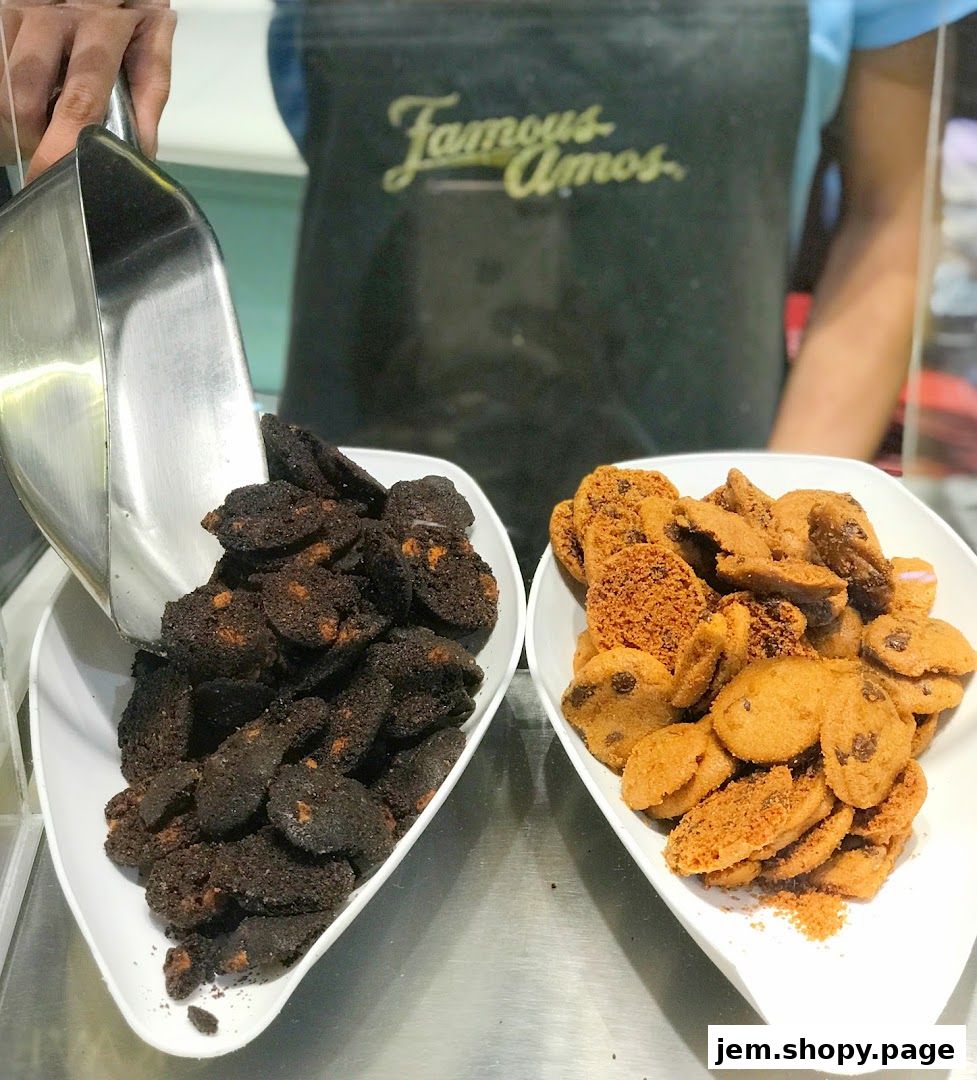 A scoop is adding dark cookies to a white bowl next to a bowl of lighter cookies.