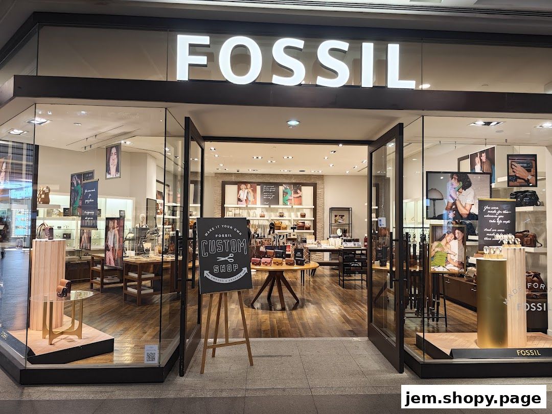 The entrance to a Fossil store showcasing bags, watches, and a custom shop.