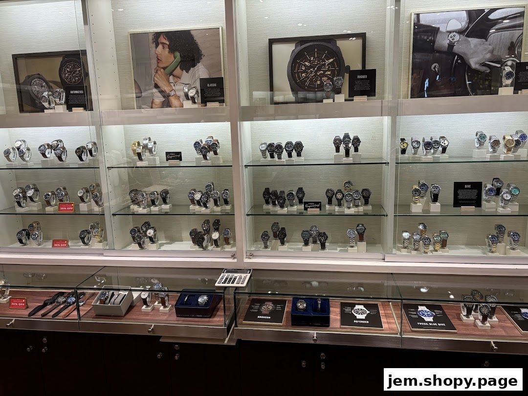 A display of Fossil watches in various styles and collections, showcased in glass cabinets.