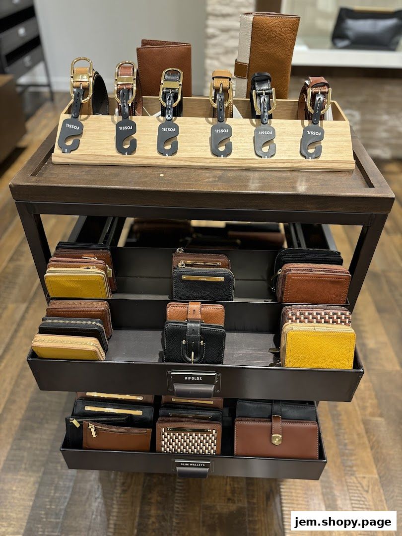 A display of Fossil belts and wallets in various colors and styles.