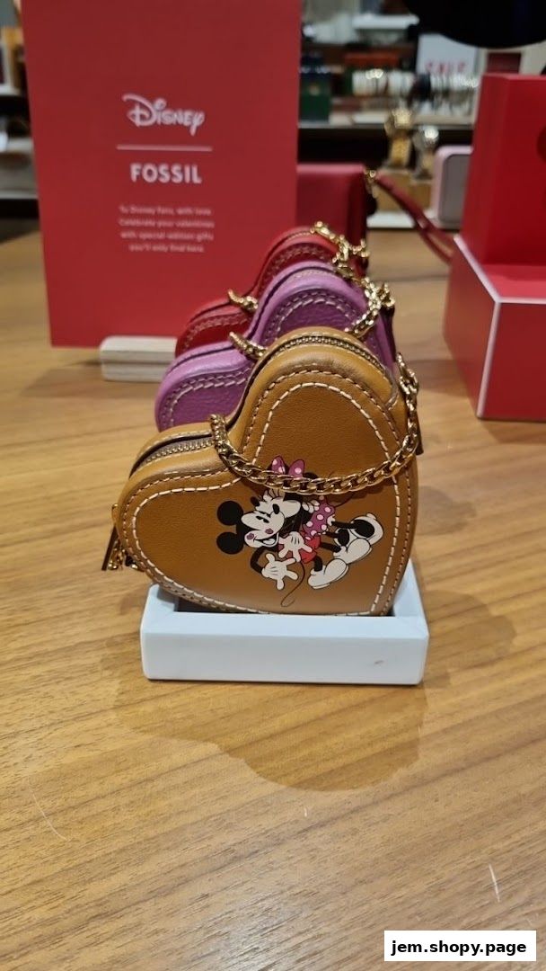 Heart-shaped coin purses with Disney characters displayed in a store.