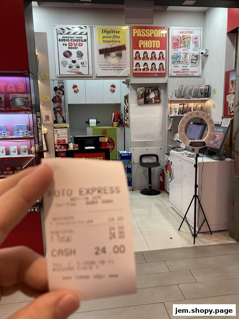 A receipt from Foto Express is held in front of the shop's entrance, showing various photo services.