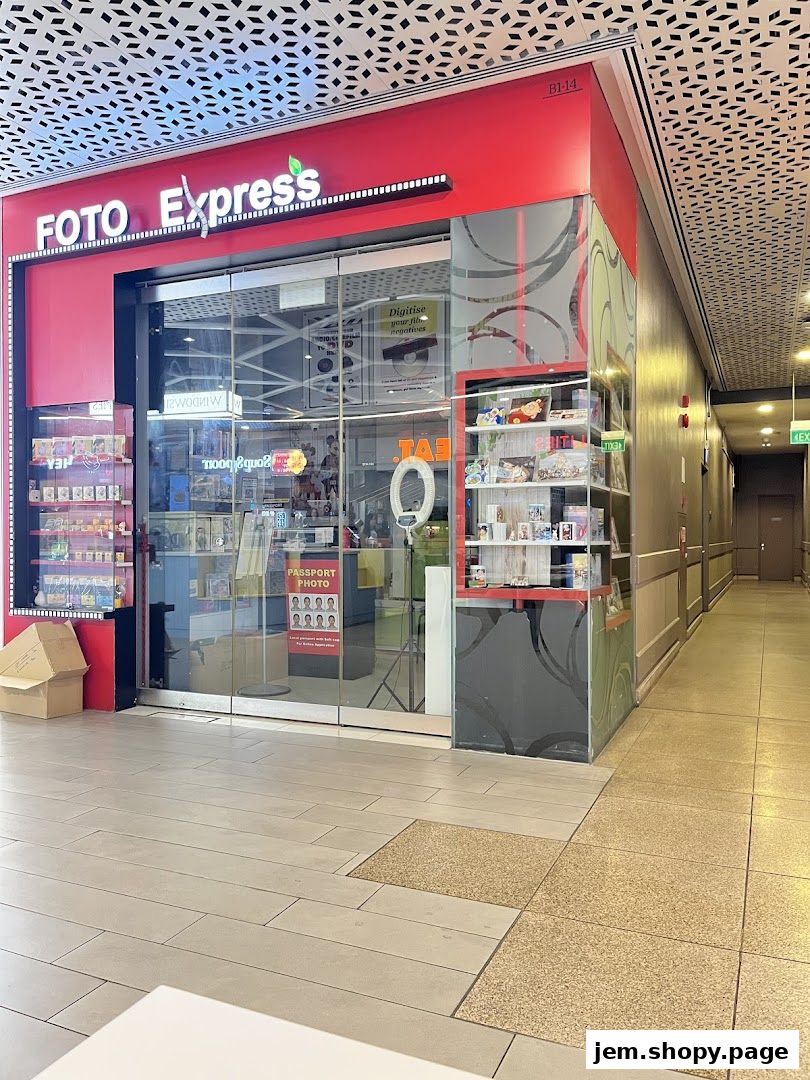 The exterior of Foto Express, a photography shop with a red facade and glass doors.