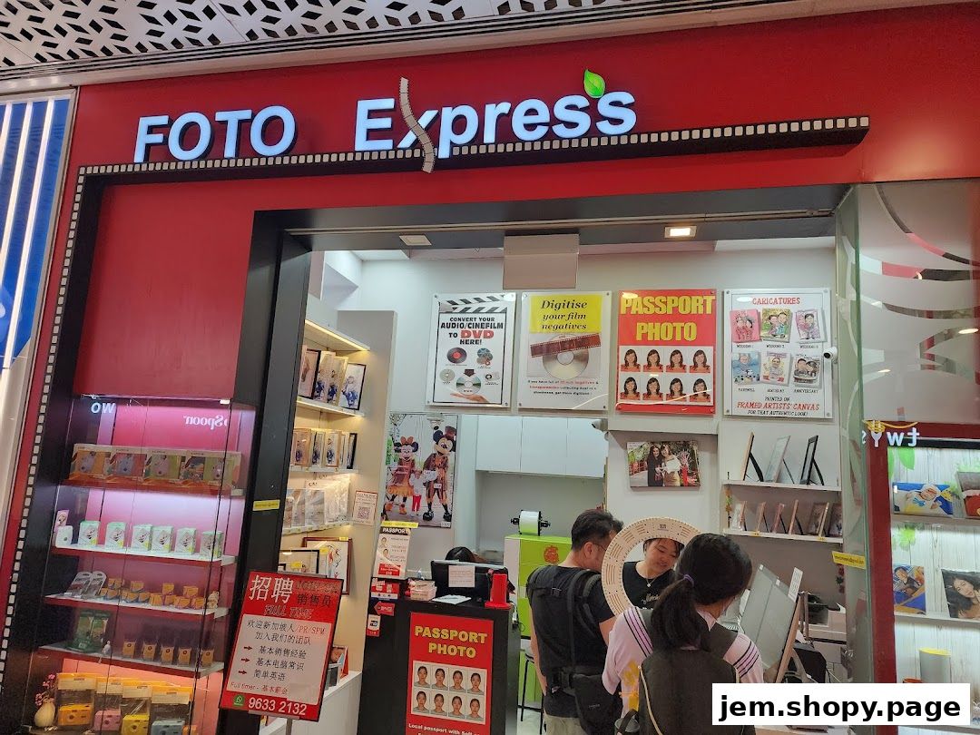 The exterior of a Foto Express shop, showcasing photo services and products.
