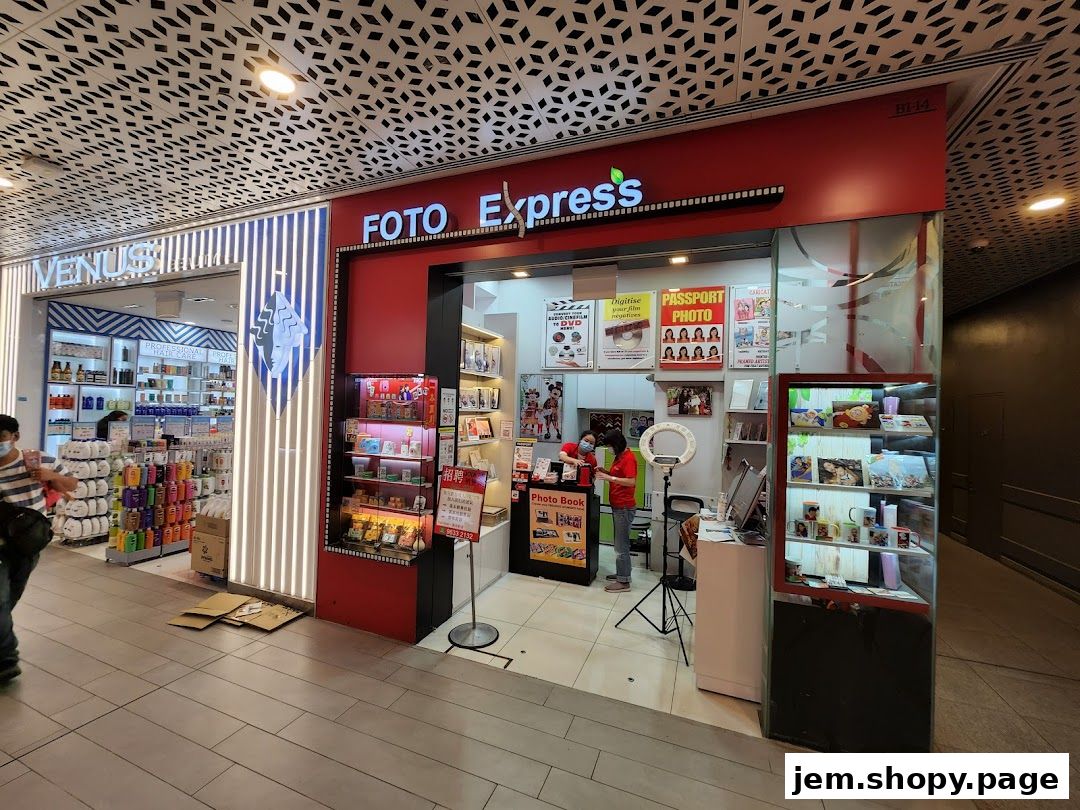 Foto Express shop front with displays of photo services and products.