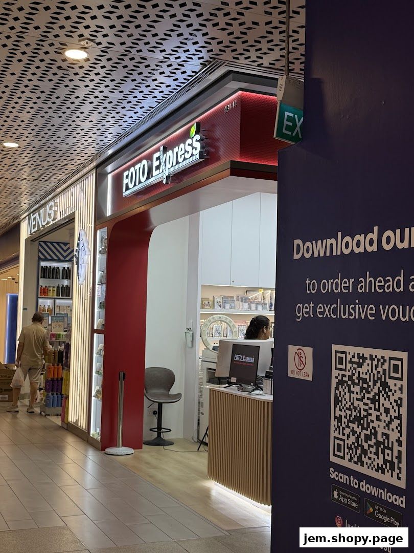 The exterior of Foto Express, a photo service shop, with a display of frames and a counter inside.