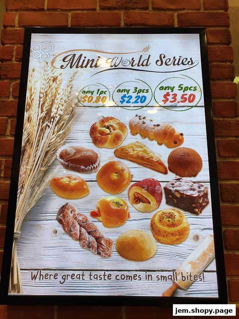 A menu board for 'Mini World Series' featuring various small baked goods with pricing.
