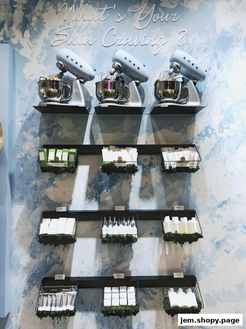 A wall display with skincare products and decorative mixers, asking 'What's Your Skin Craving?'