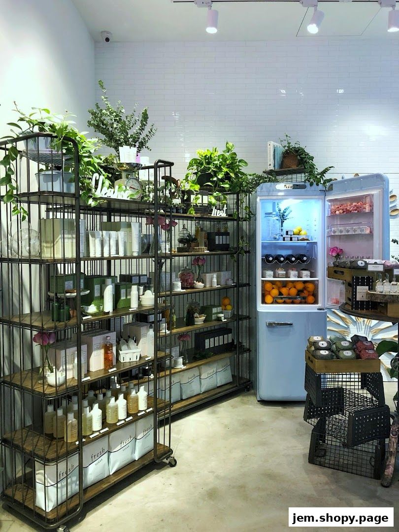 A retail shop interior with shelves of skincare products and a retro refrigerator.