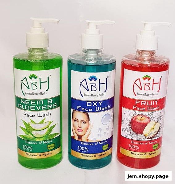 Three bottles of ABH Aroma Beauty Herbs face wash: Neem & Aloevera, Oxy, and Fruit.