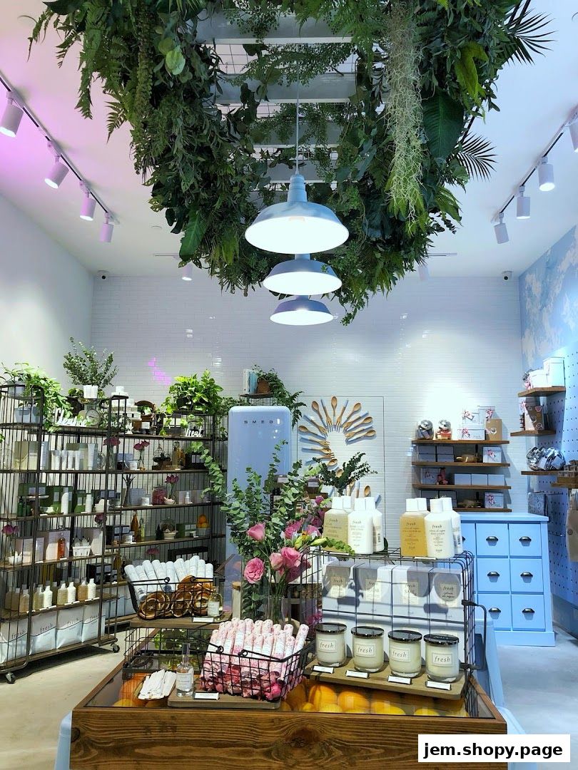 Interior of a shop with lush greenery, skincare products, and decorative items.