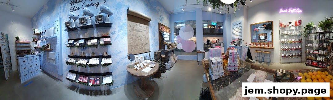 Interior view of a brightly lit shop with skincare products displayed on shelves and a counter.