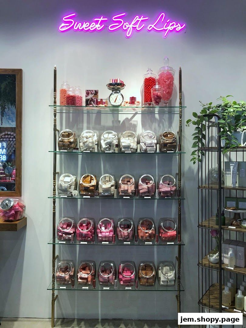 A display of lipsticks and other beauty products in jars and on shelves, with neon signage.