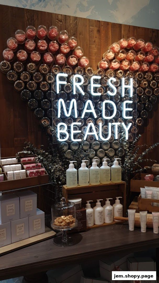 A display of Fresh beauty products with a neon sign and heart-shaped wall decor.