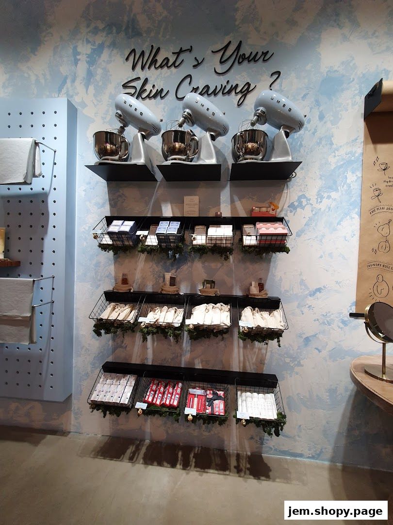 A retail display featuring skincare products and decorative mixers with the question 'What's Your Skin Craving?'