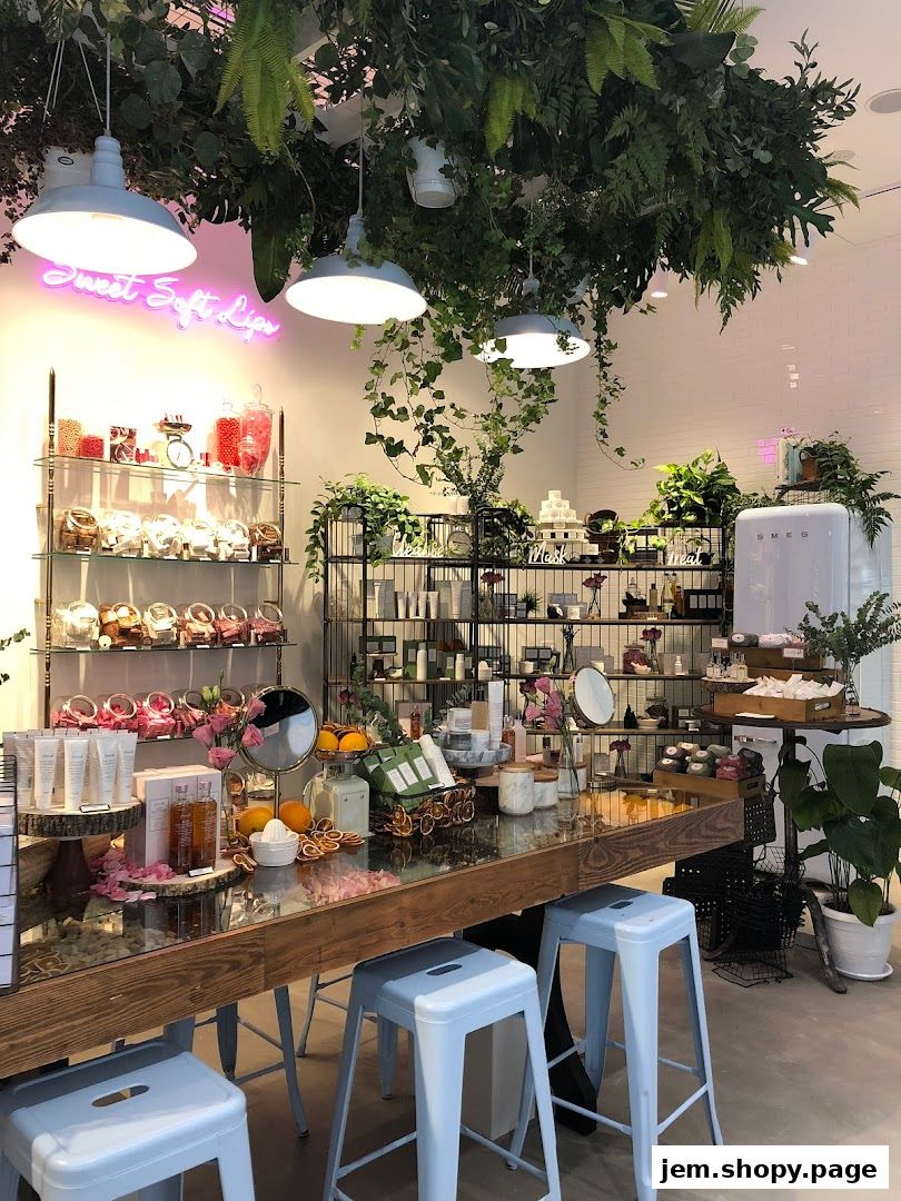 A beautifully decorated shop interior with lush greenery, skincare products, and a neon sign.