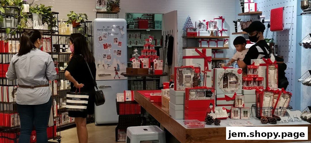 A retail store interior showcasing gift sets and skincare products, with customers browsing.