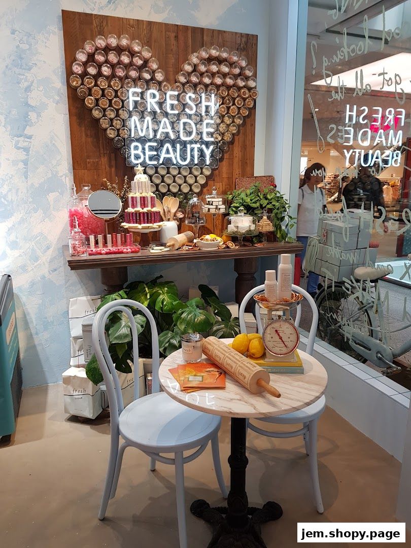 A shop window display featuring a heart-shaped arrangement of jars and a neon sign that says 'FRESH MADE BEAUTY'.