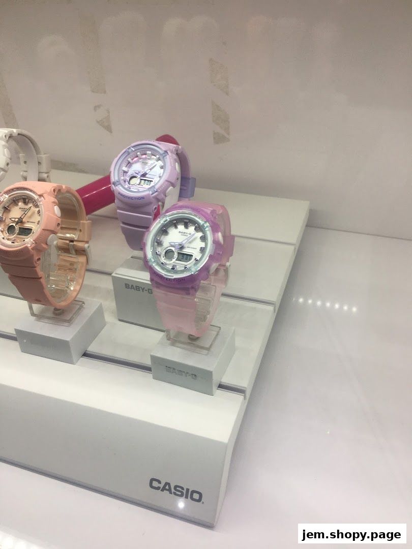 Display of colorful Baby-G watches from Casio in a retail store.