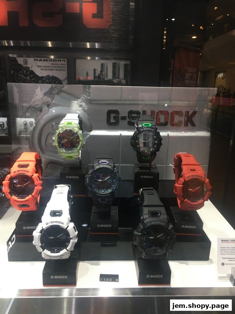 A display of various G-SHOCK watches in different colors and styles.