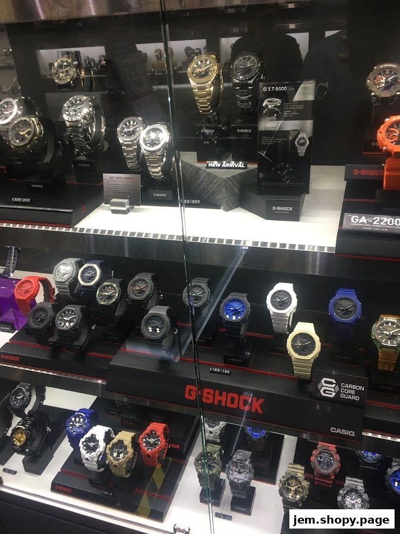 A display case filled with various G-SHOCK watches in different styles and colors.