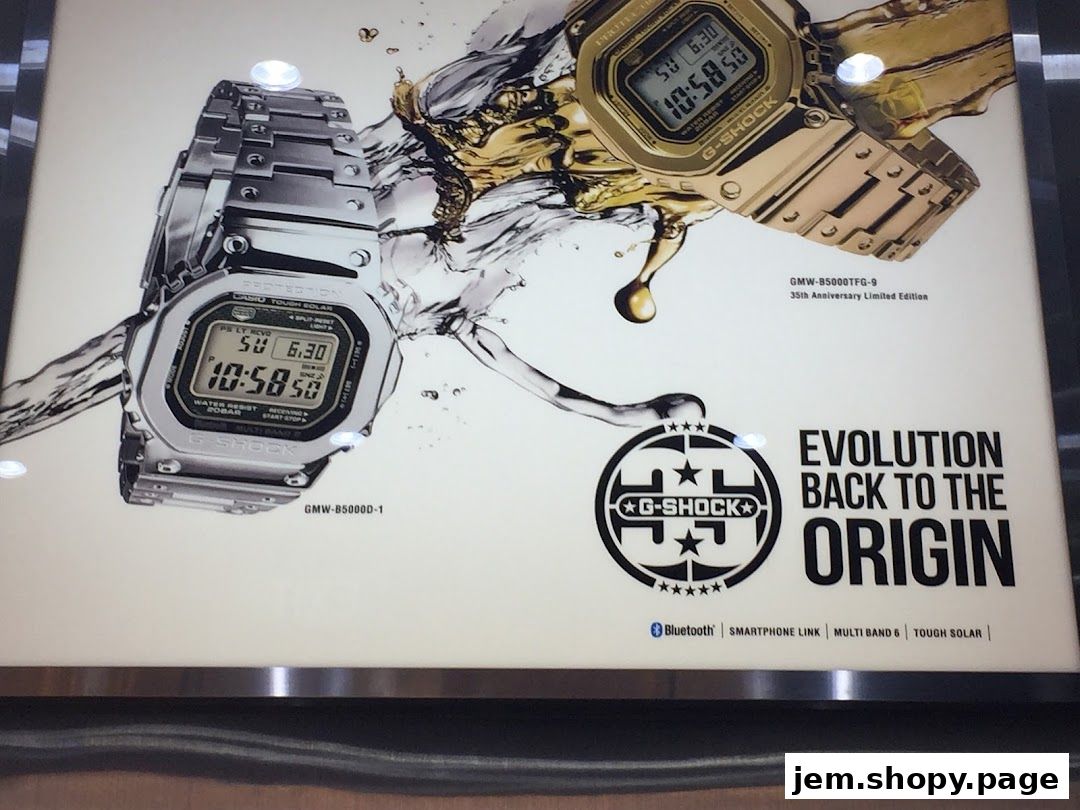 G-SHOCK CASIO JEM features iconic silver and gold watches with 'Evolution Back to the Origin' slogan.
