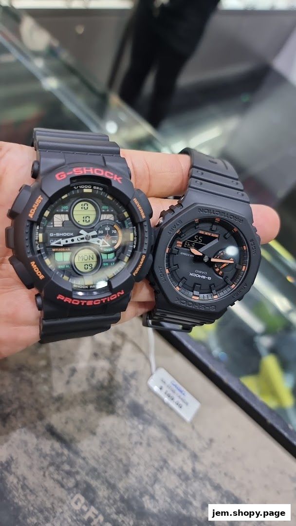 Two G-SHOCK CASIO watches are displayed, one with a digital and analog face, the other with a modern analog design.