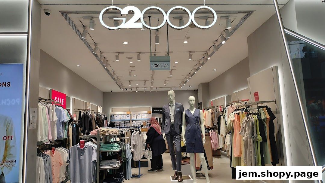 Interior view of the G2000 clothing store showcasing apparel and mannequins.