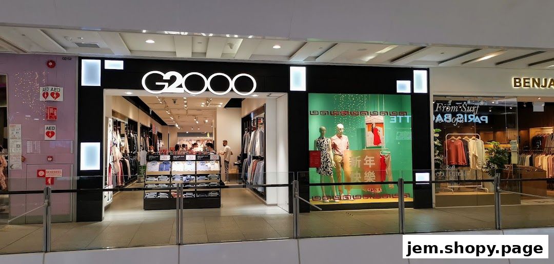 The G2000 shop front displays men's and women's apparel, with mannequins in the window.