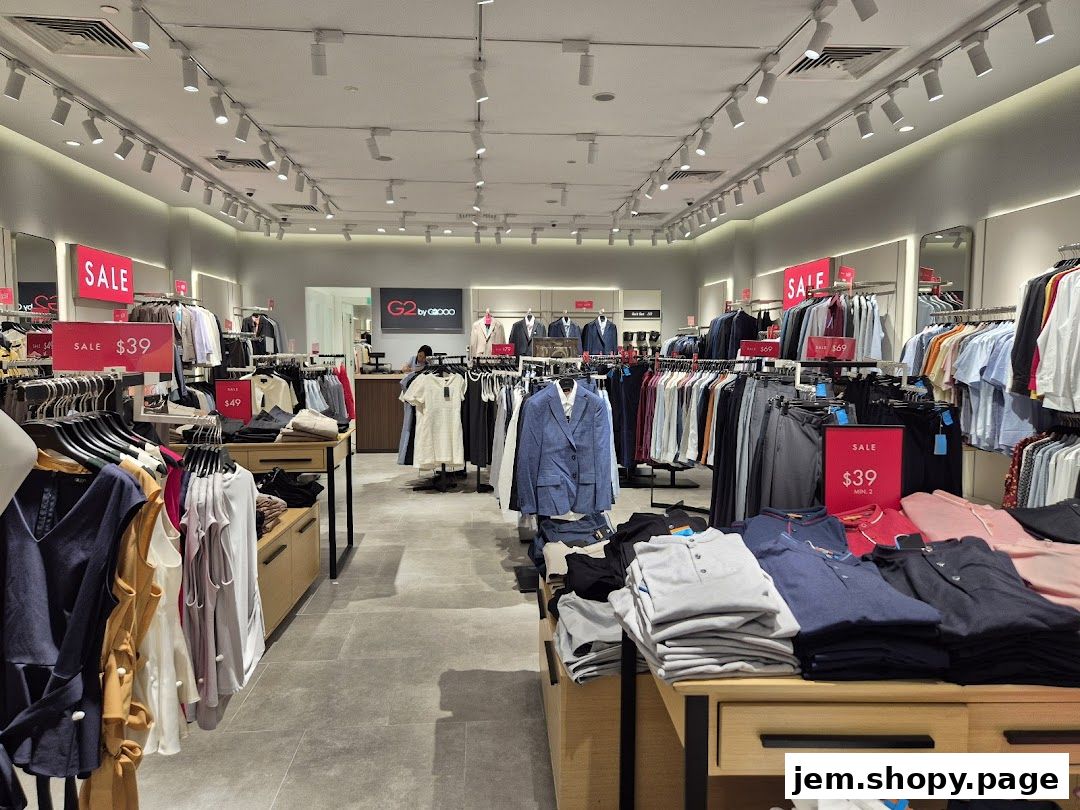 Interior view of a G2000 clothing store with racks of men's and women's apparel on sale.