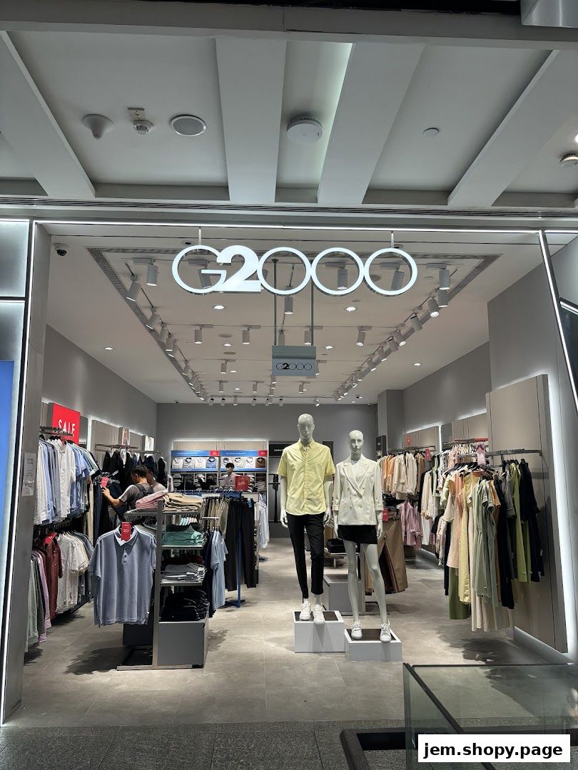 The G2000 store entrance displays mannequins and racks of stylish clothing.