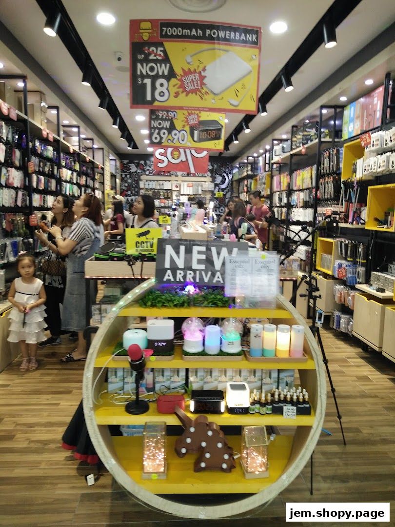 Interior view of Gadget Mix shop showcasing electronics, accessories, and promotional displays.