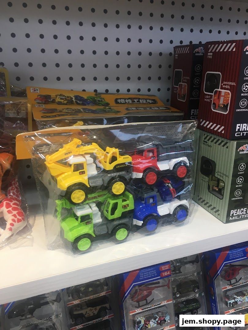 A display of colorful toy trucks and model cars on shelves in a retail store.