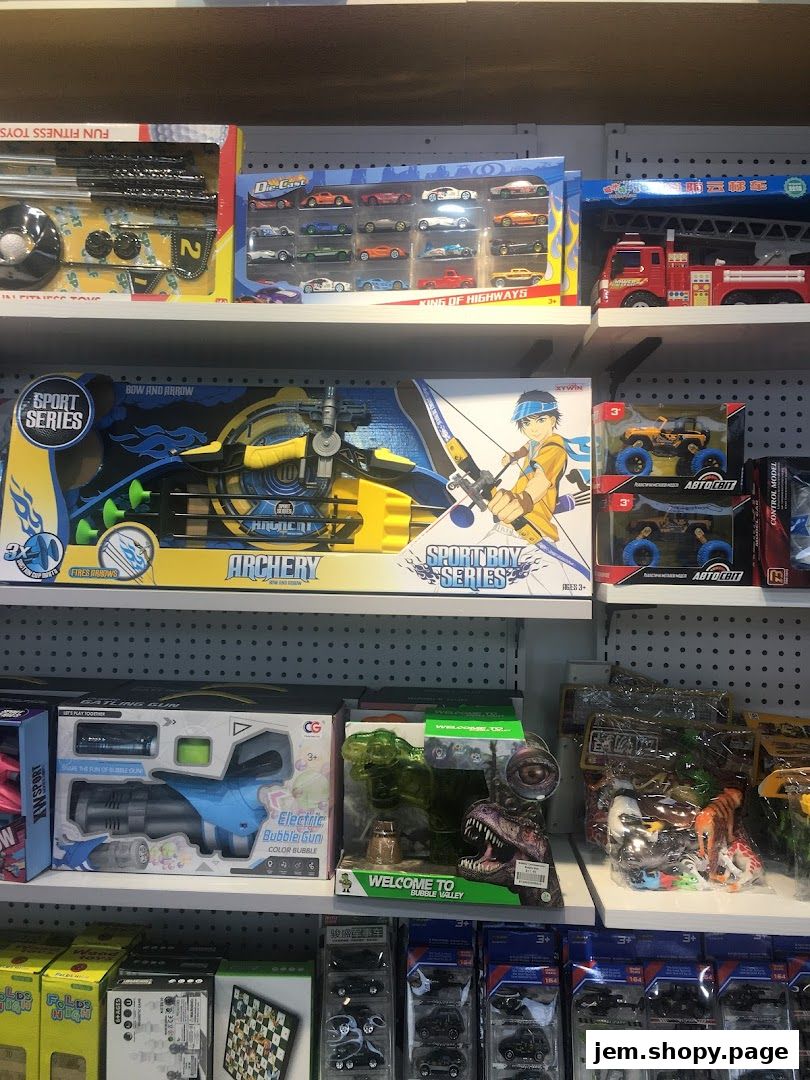Shelves filled with various toys including toy cars, archery sets, bubble guns, and dinosaur figures.