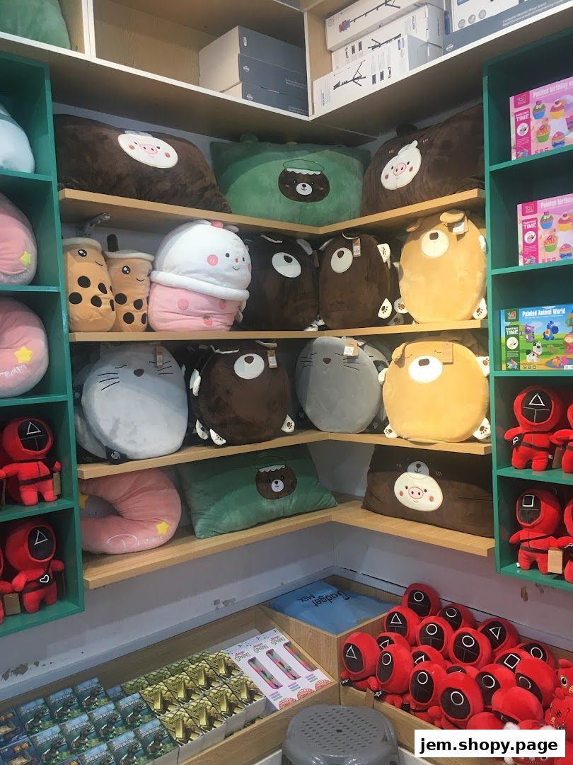 A retail shop interior filled with various plush toys and novelty items.