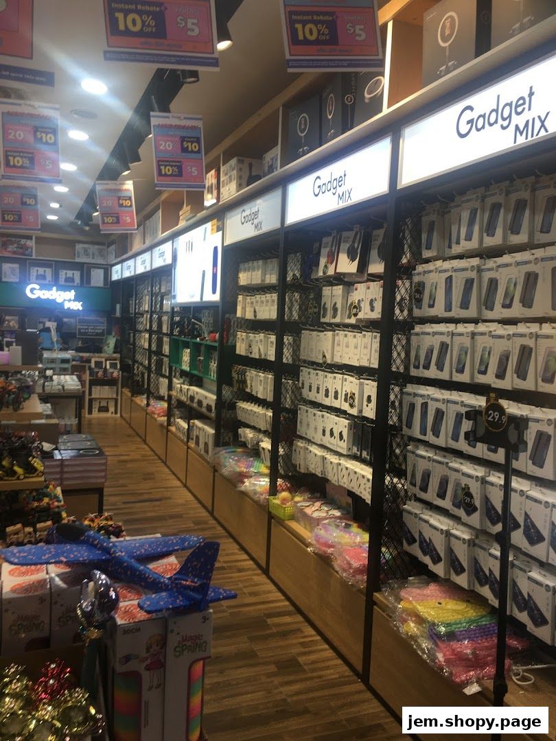 Interior view of Gadget Mix store showcasing shelves filled with electronic gadgets and accessories.